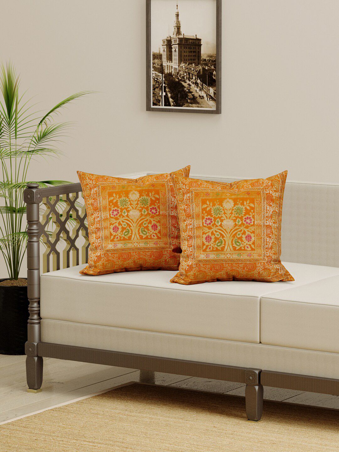 Gulaab Jaipur Set Of 2 Orange & Green Ethnic Motifs Brocade Square Cushion Covers Price in India
