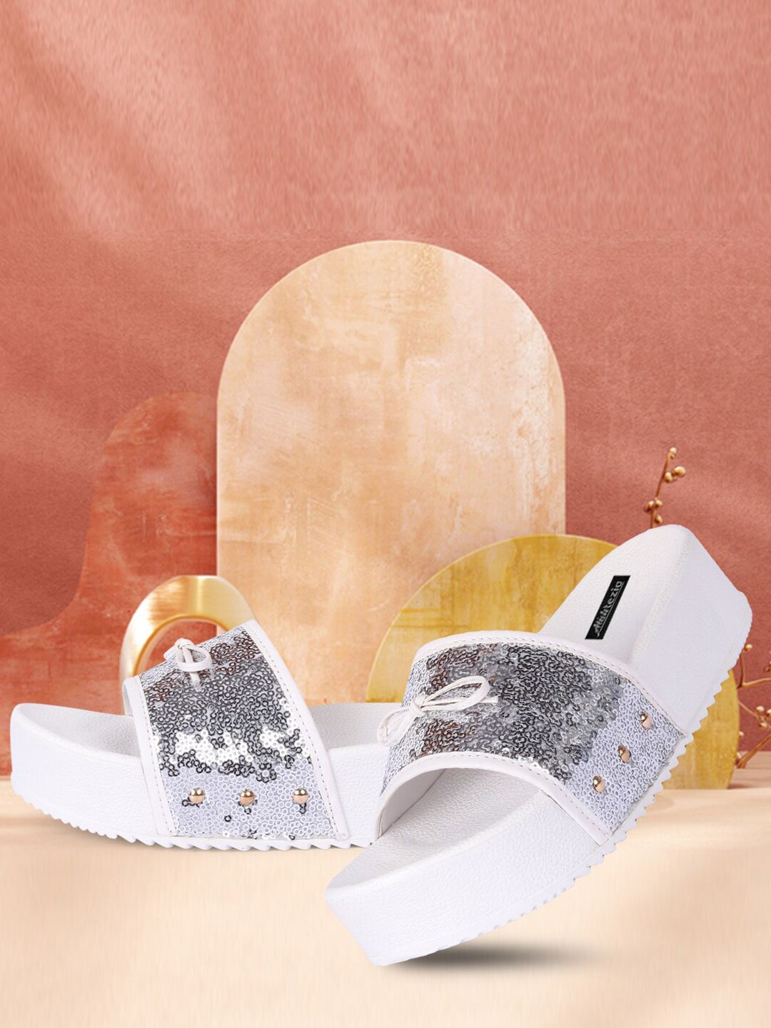 Alishtezia Women White & Grey Embellished Sliders Price in India