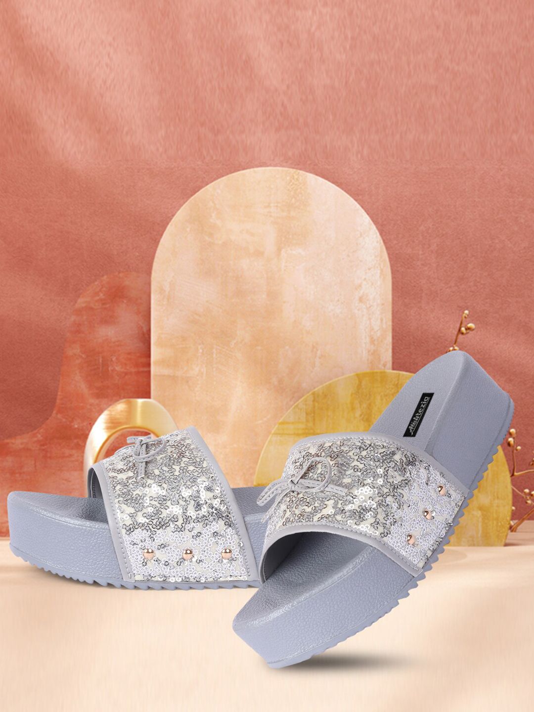 Alishtezia Women Grey & Silver-Toned Embellished Sliders Price in India