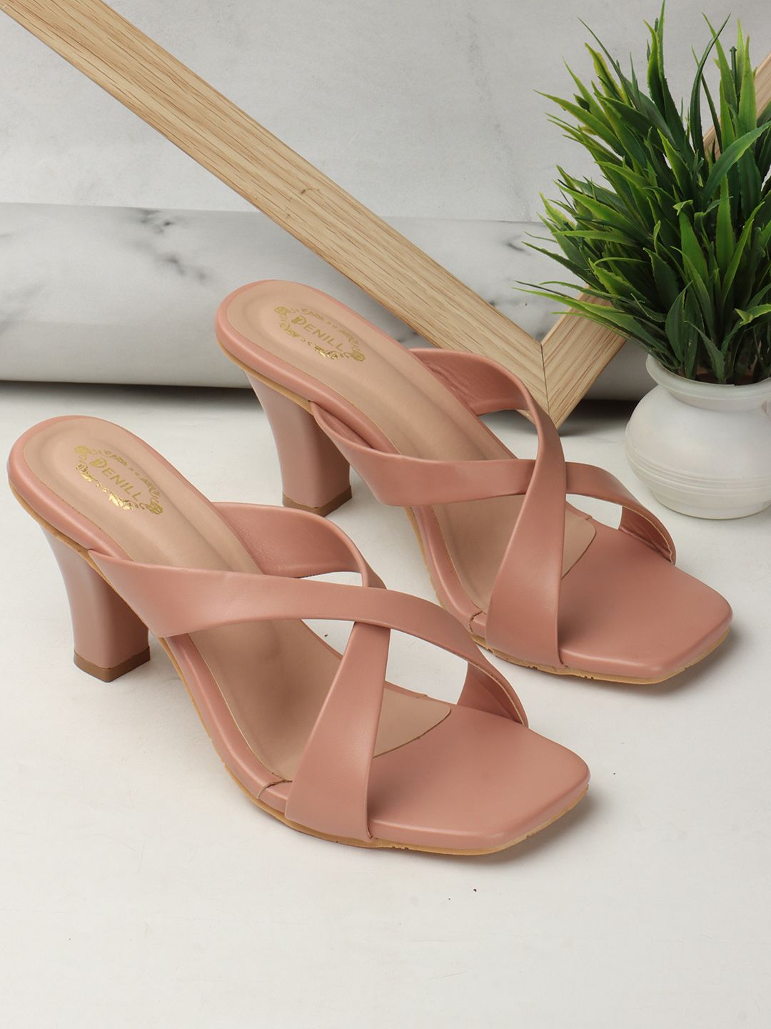 Denill Peach-Coloured Block Mules