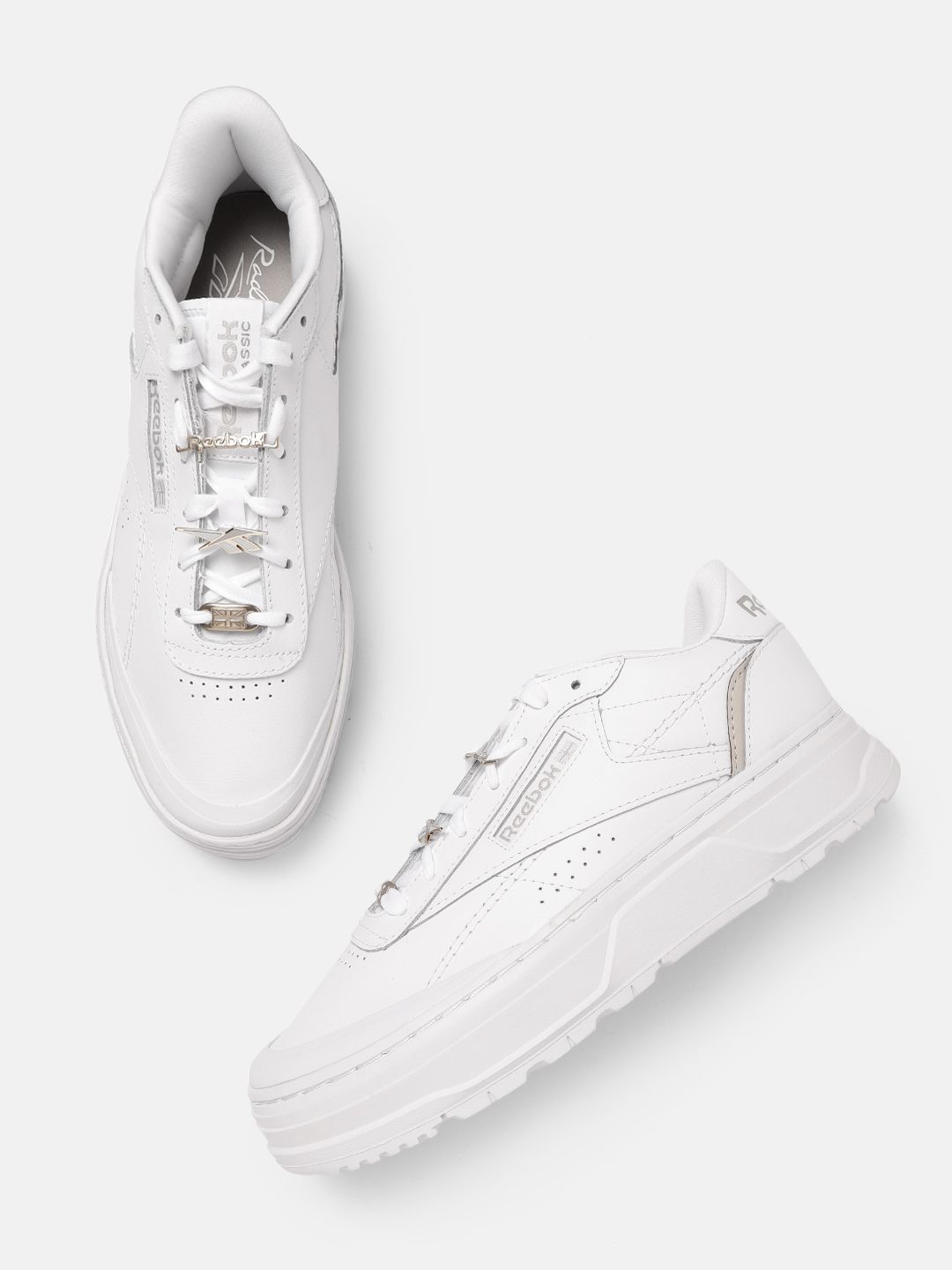 Reebok Classic Women White Club C Double GEO Leather Perforated Sneakers with Shoe Charms Price in India