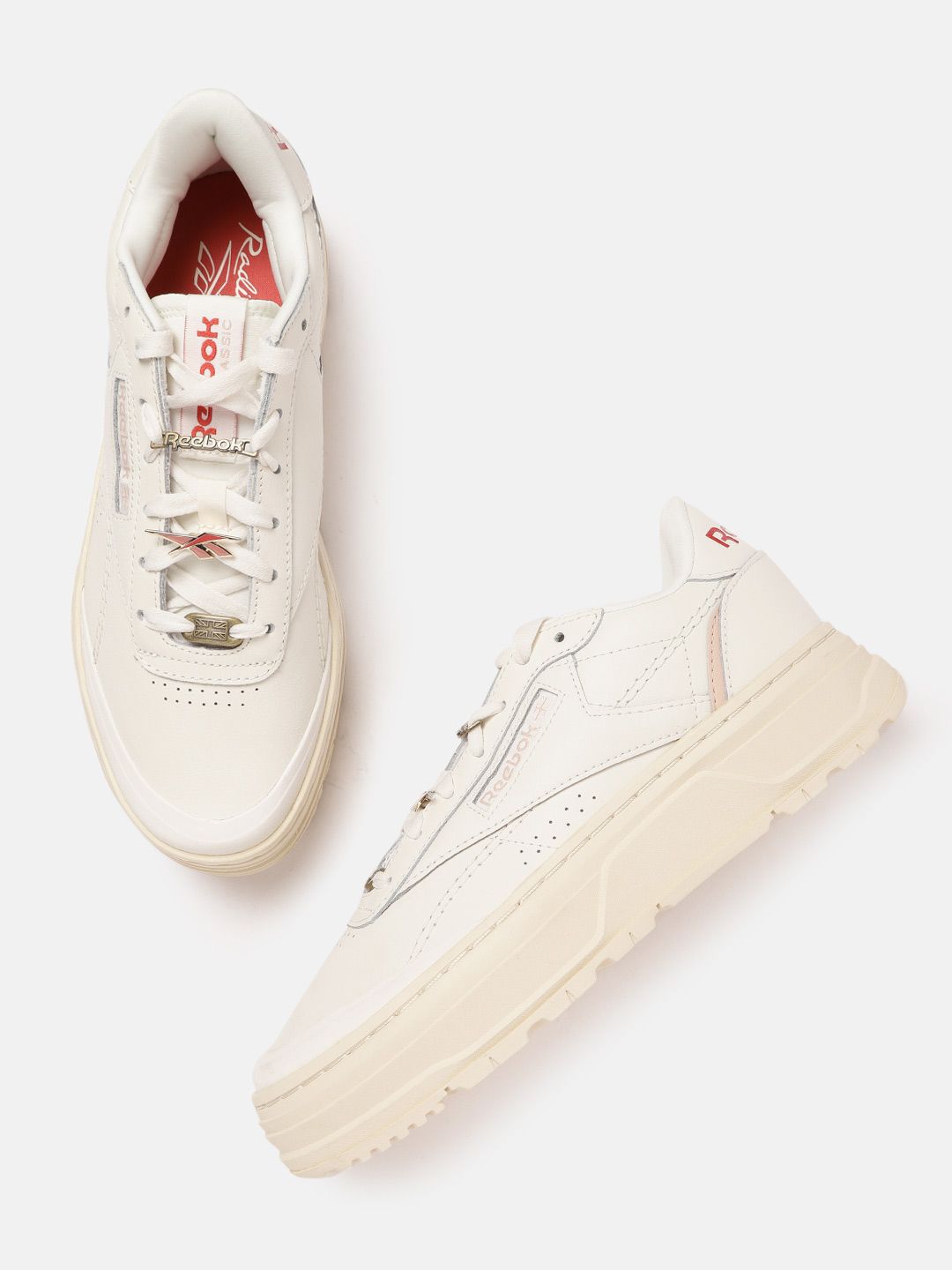 Reebok Classic Women Off-White Club C Double GEO Leather Perforated Sneakers with Charms Price in India