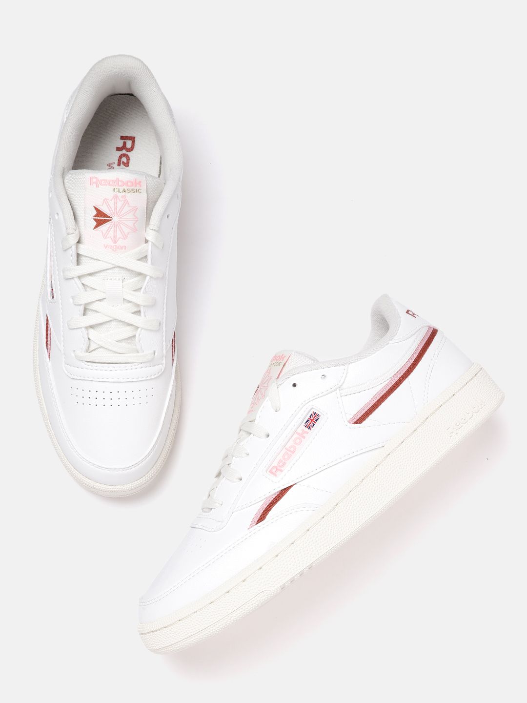 Reebok Classic Women White & Pink Striped Leather Club C 85 Perforated Sneakers Price in India