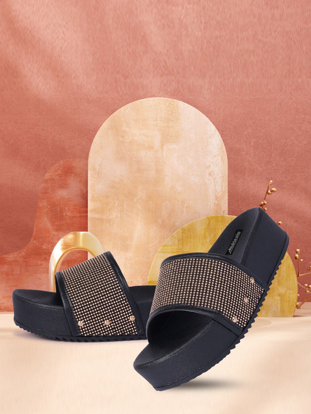 Alishtezia Women Black & Gold-Toned Embellished Sliders Price in India