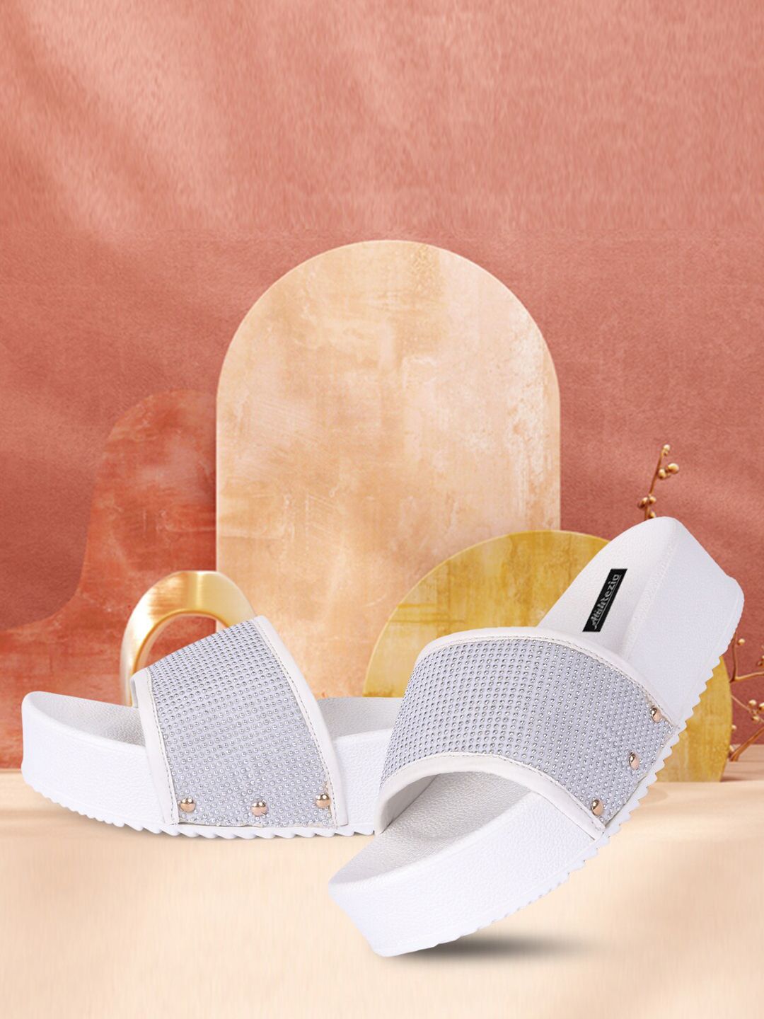 Alishtezia Women White & Silver-Toned Embellished Sliders Price in India