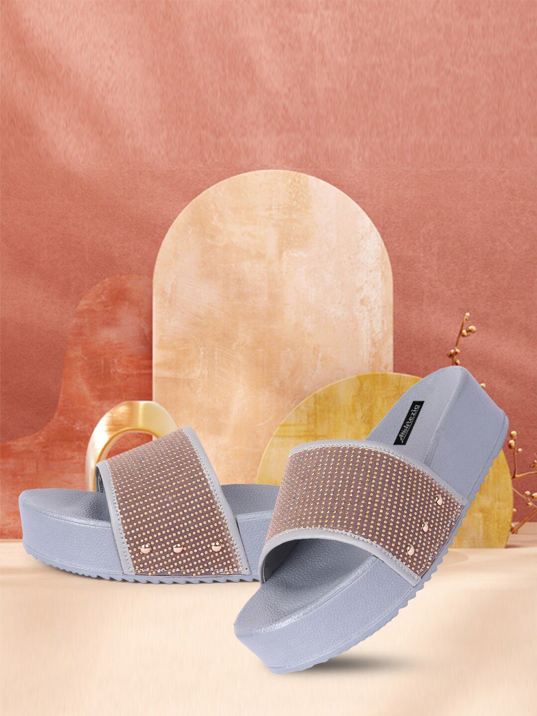 Alishtezia Women Grey & Brown Embellished Sliders Price in India