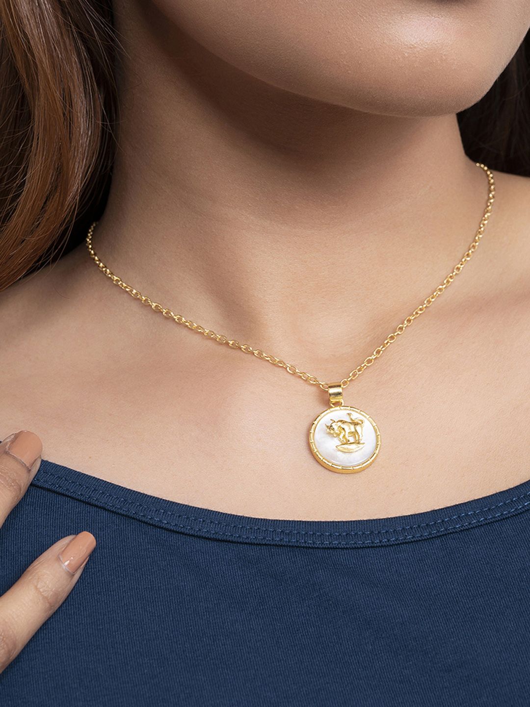 Mikoto by FableStreet 18K Gold-Plated & White Mother Of Pearl Taurus Zodiac Necklace Price in India