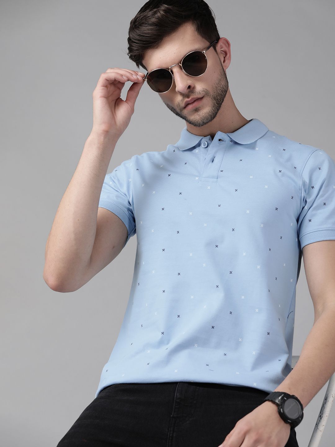 Roadster Men Blue Pure Cotton Printed Polo Collar T-shirt