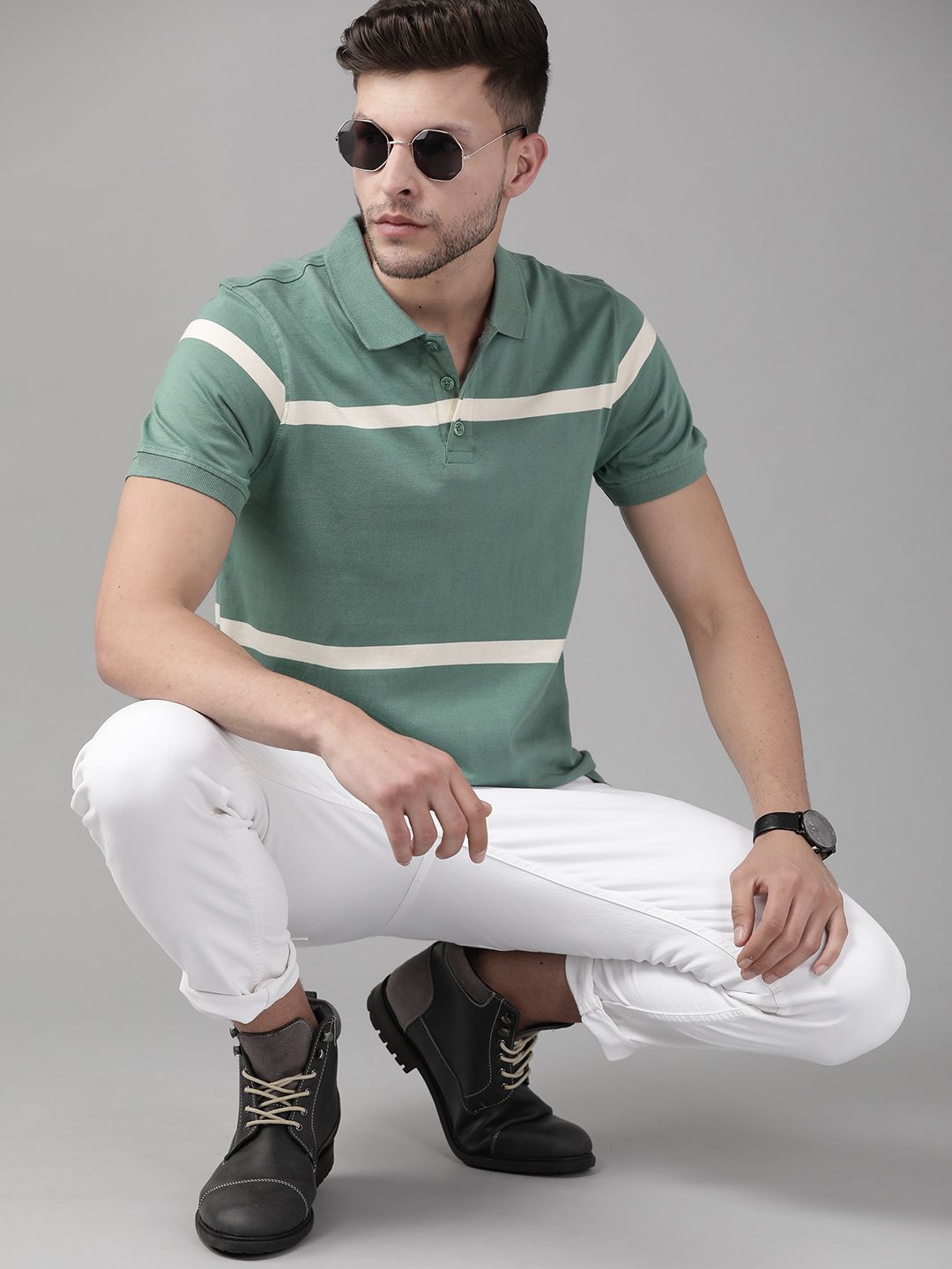 Roadster Men Green & Cream-Coloured Striped Pure Cotton Polo Collar T-shirt