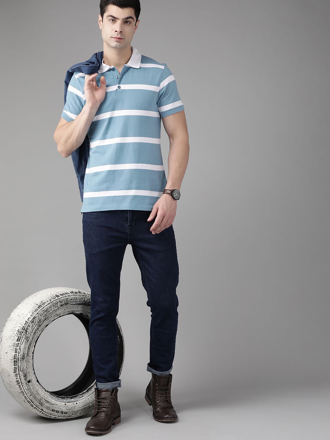 Roadster Men Blue & Off White Striped Pure Cotton Polo Collar T-shirt