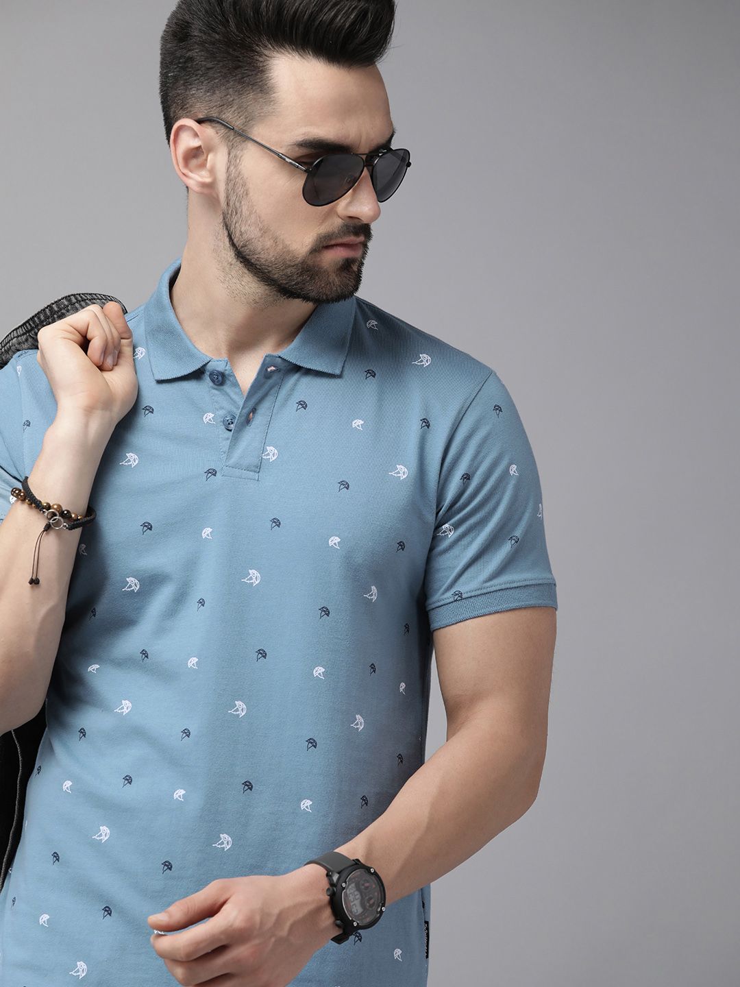 The Roadster Lifestyle Co. Men Blue Printed  Cotton Polo Collar T-shirt