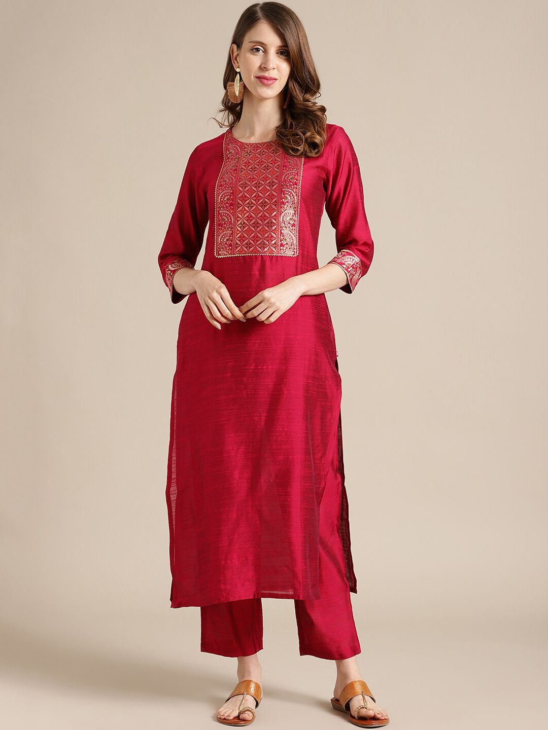 Varanga Women Red Ethnic Motifs Yoke Design Kurta with Palazzos Price in India