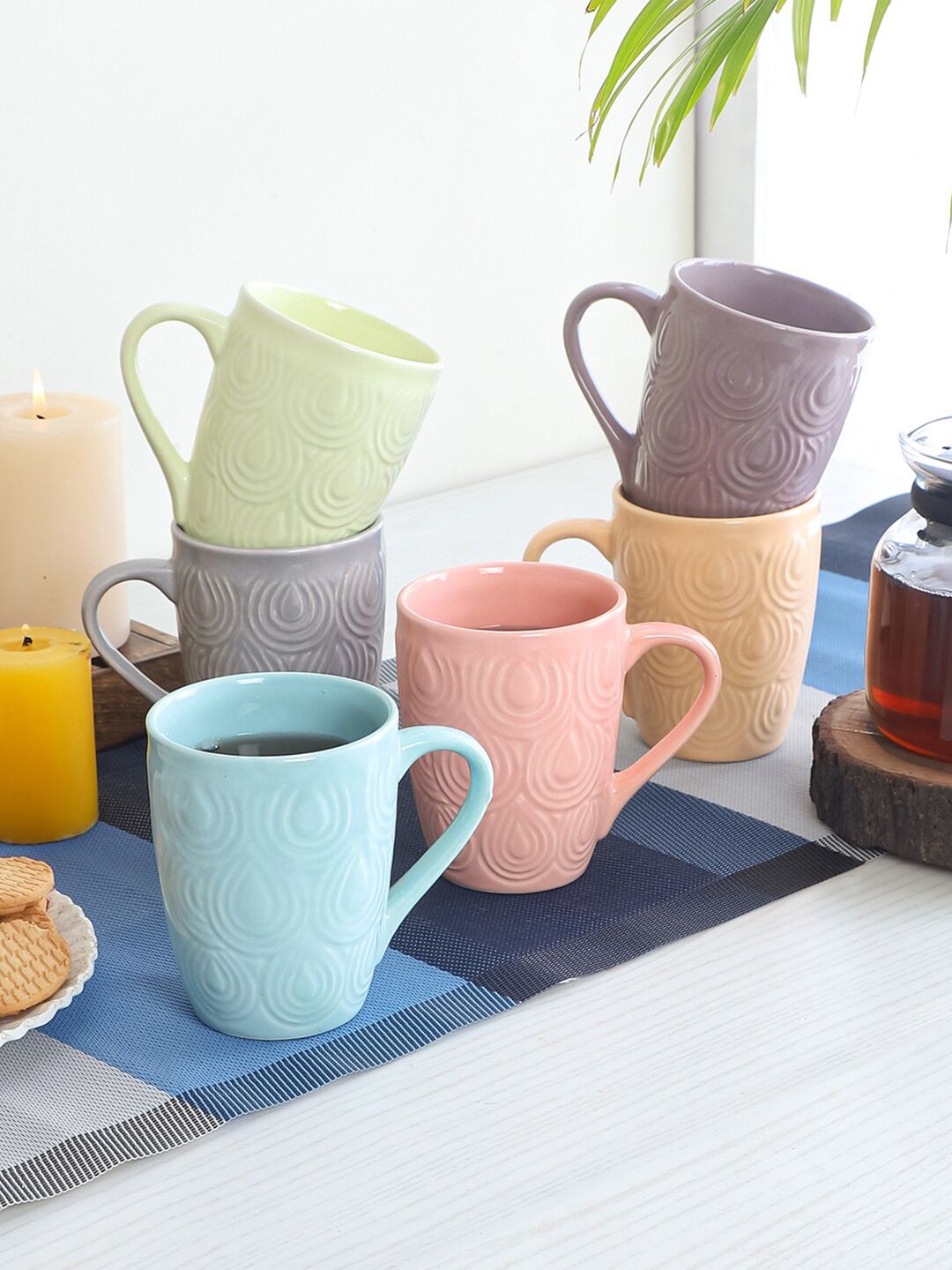 CDI Multicoloured & Coffee Brown Textured Ceramic Matte Mugs Set of 6 With Wooden Tray Price in India