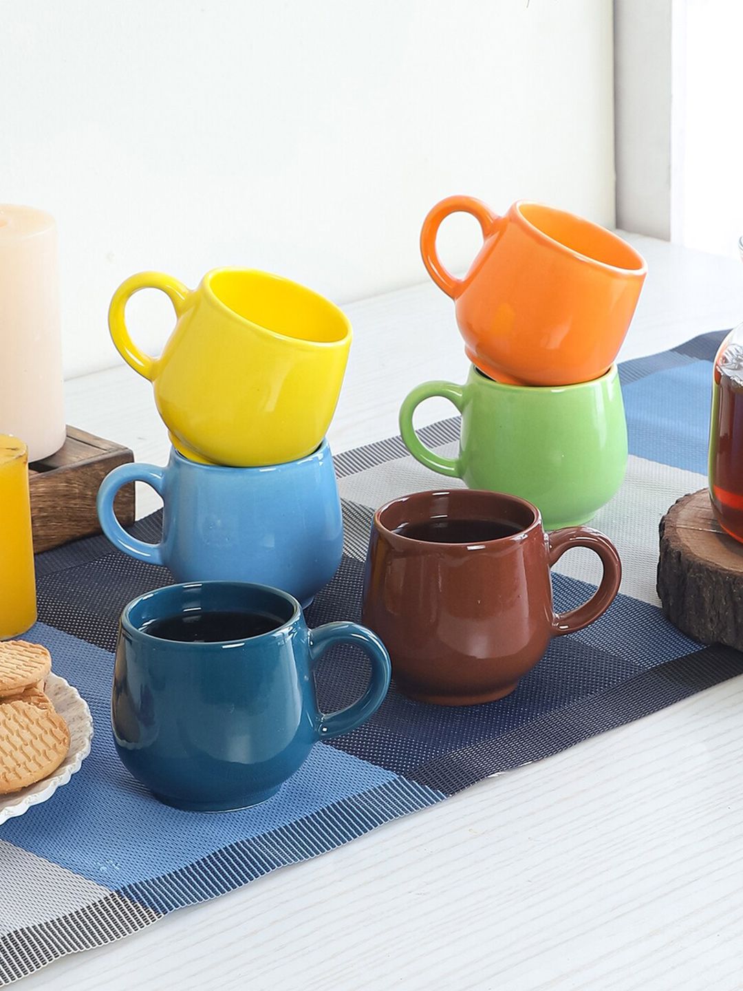 CDI Blue & Yellow Set of 6 Solid Ceramic 180ml Coffee Cups and Mugs with Wooden Tray Price in India