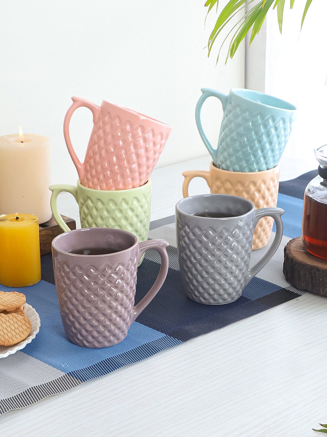CDI Multicoloured Textured Ceramic Glossy Cups Set of 6 Mugs Price in India