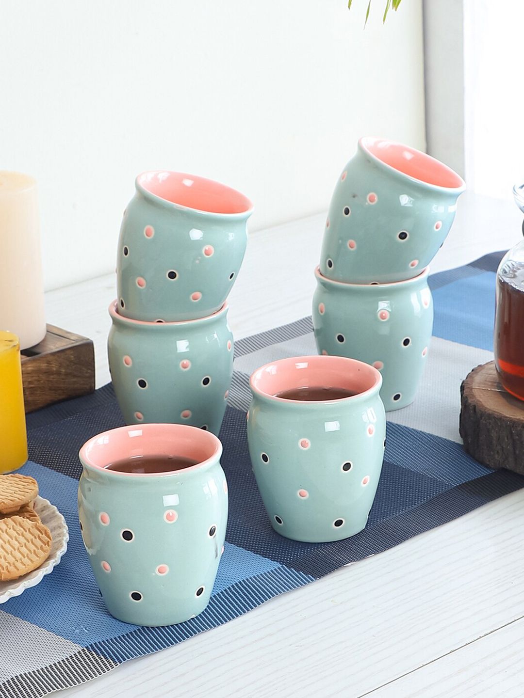 CDI Blue & Pink Set of 6 Printed Ceramic Glossy 180 ml Tea Kullar Cups and Mugs Price in India