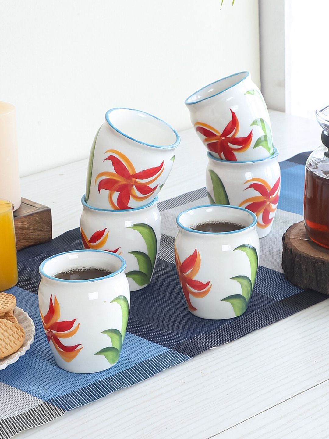 CDI White & Red Printed Ceramic Matte Cups Set of 6 Handcrafted Tea Kullar Cups Price in India