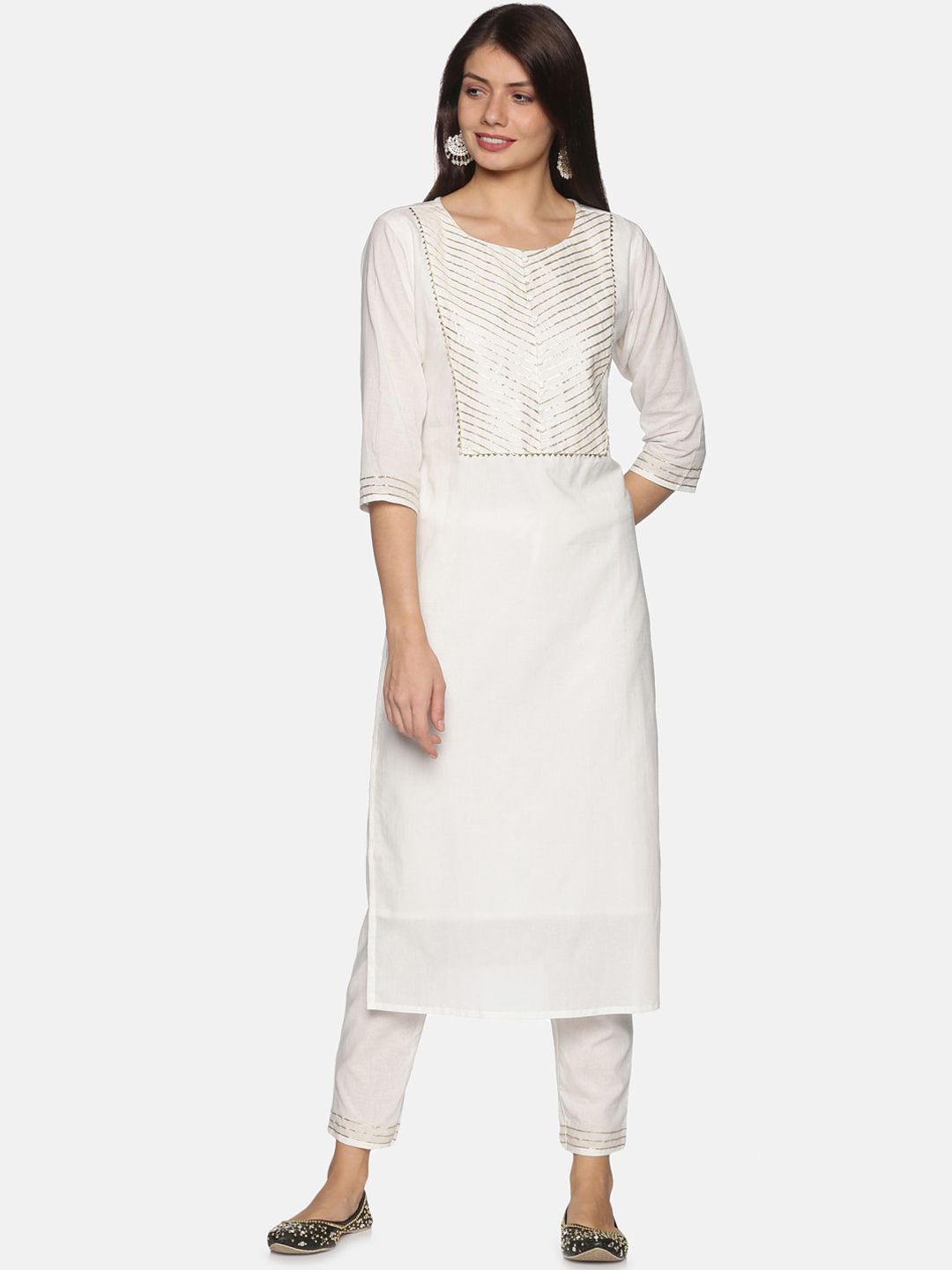 PNEHA Women White Embroidered Gotta Patti Pure Cotton Kurti with Churidar Price in India