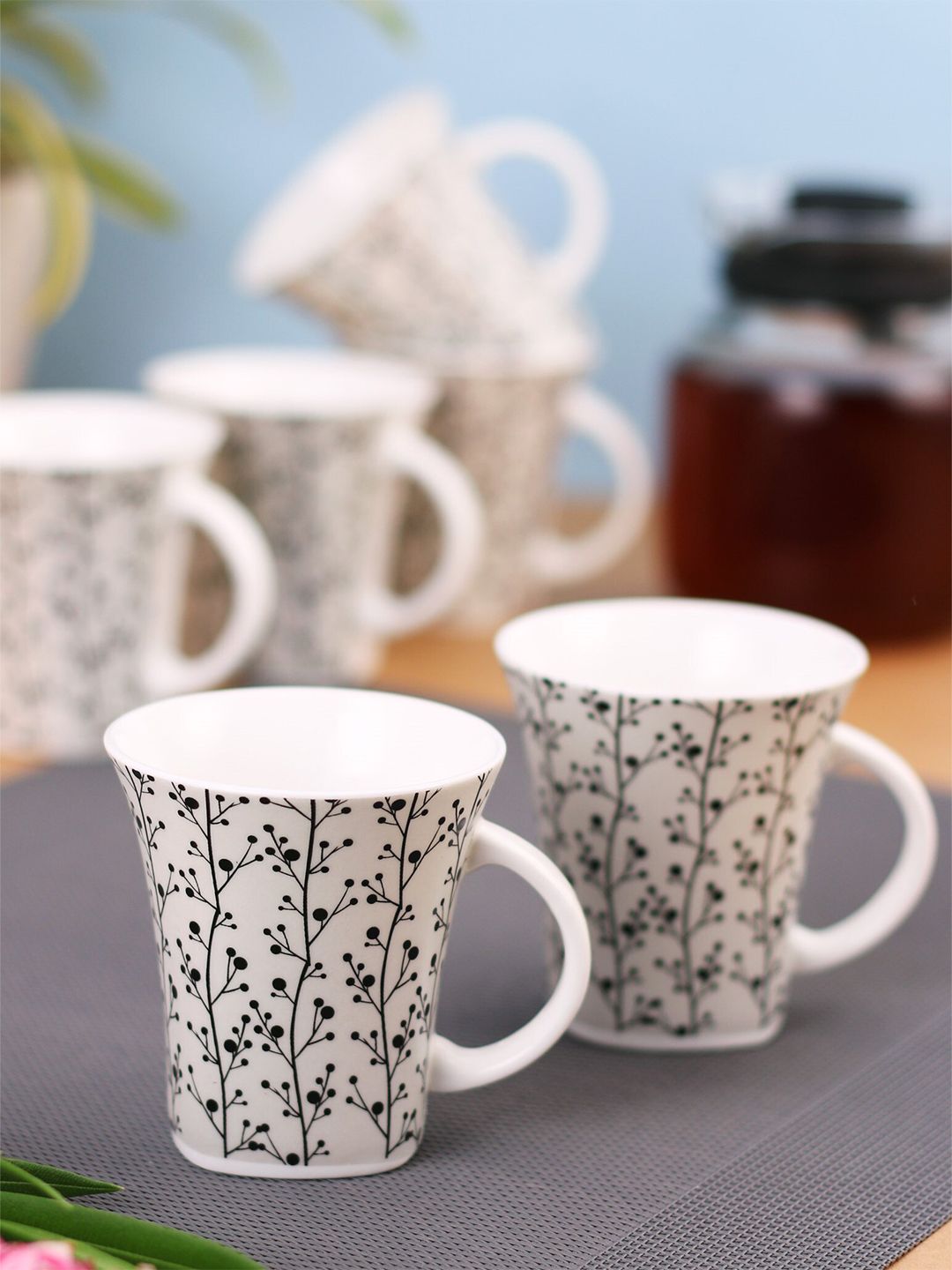 CLAY CRAFT Set of 6 White & Black Printed Ceramic Glossy Cups and Mugs Price in India