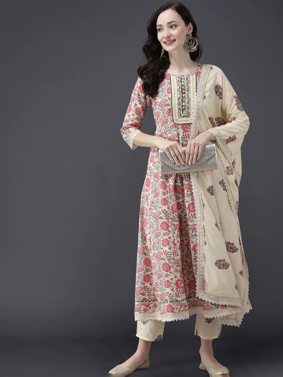 Indo Era Women Red Floral Printed Kurta with Trousers & With Dupatta Price in India