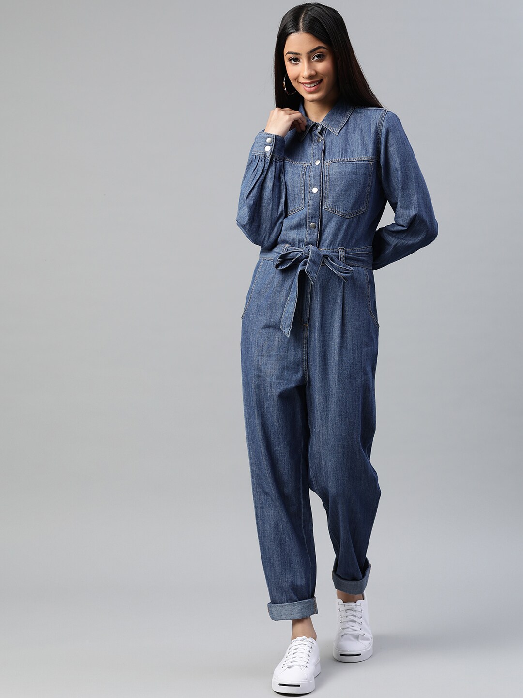 Marks & Spencer Blue Denim Pure Cotton Jumpsuit Price in India