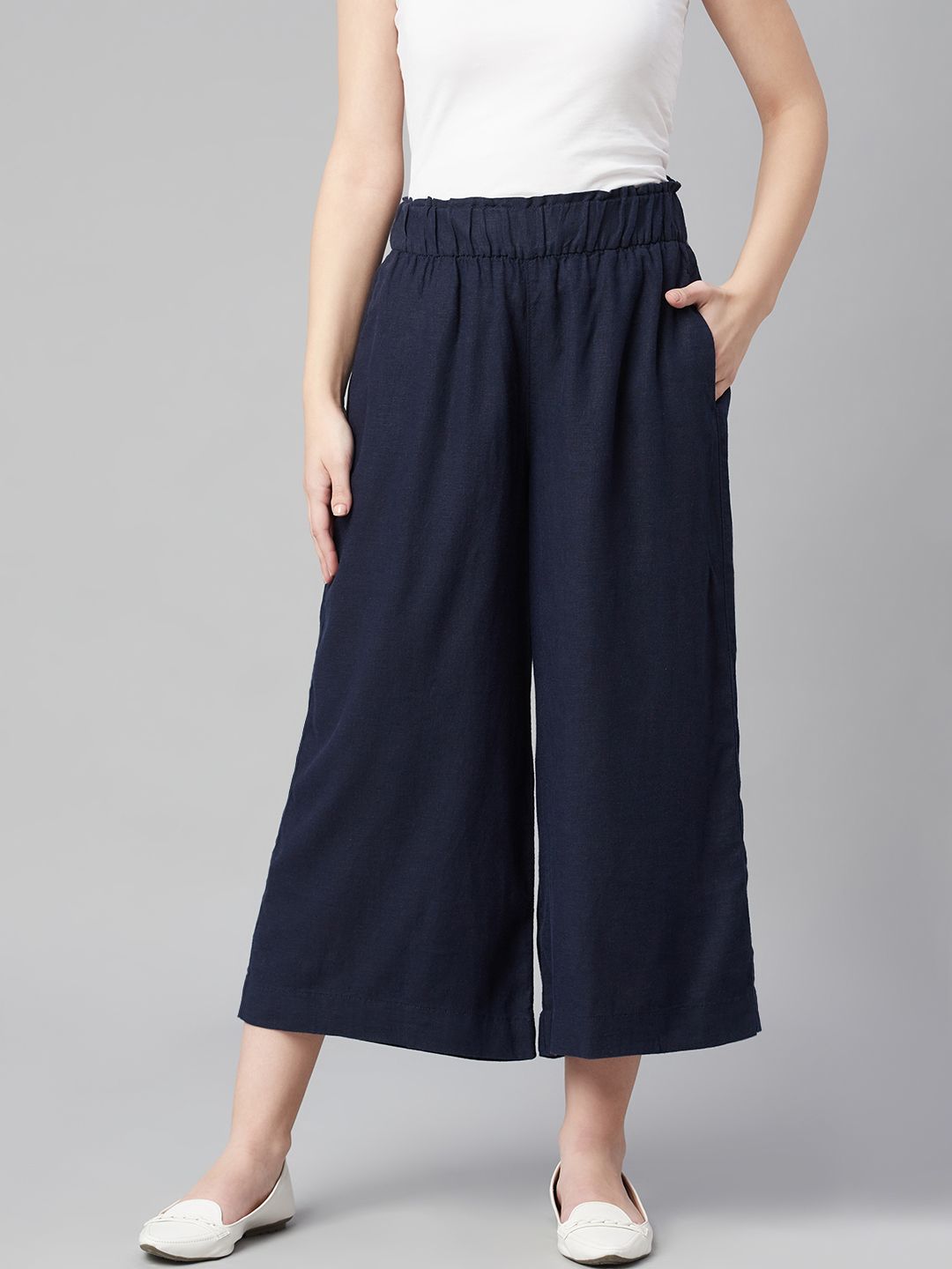 Marks & Spencer Women Navy Blue Pleated Culottes Trousers Price in India