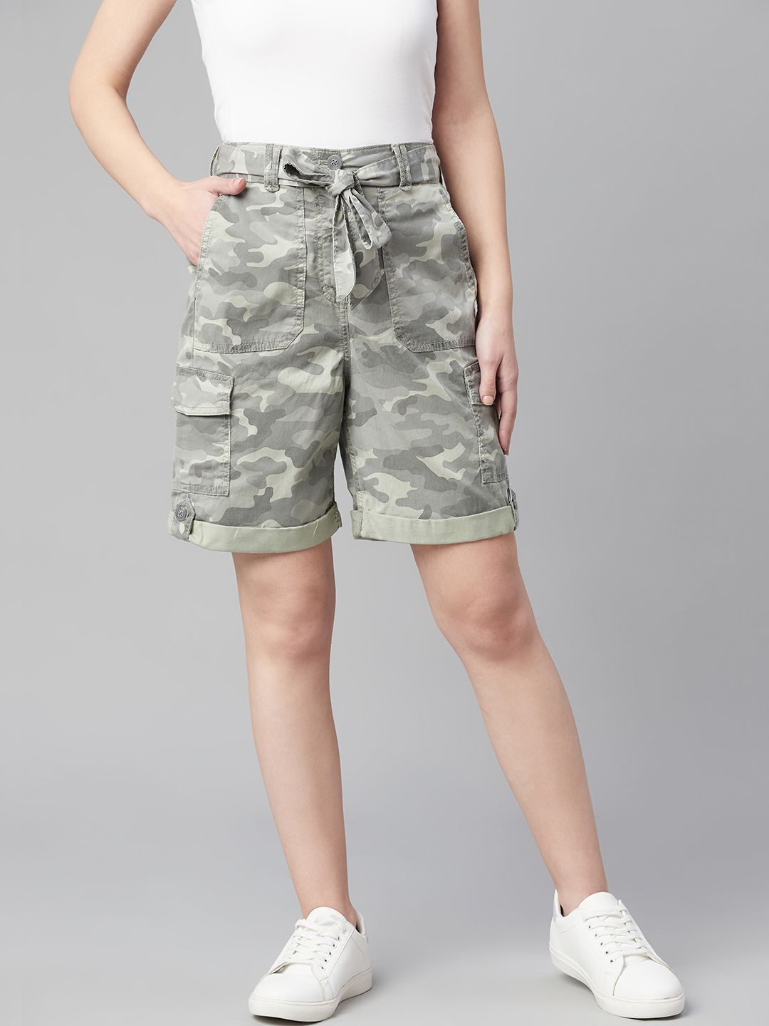 Marks & Spencer Women Olive Green Camouflage Printed Cargo Shorts Comes With a Belt Price in India