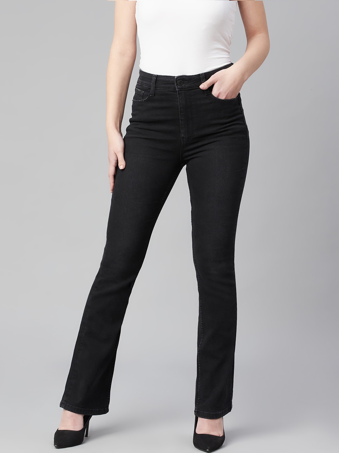 Marks & Spencer Women Black Solid Slim Flared Light Fade Stretchable Jeans Price in India