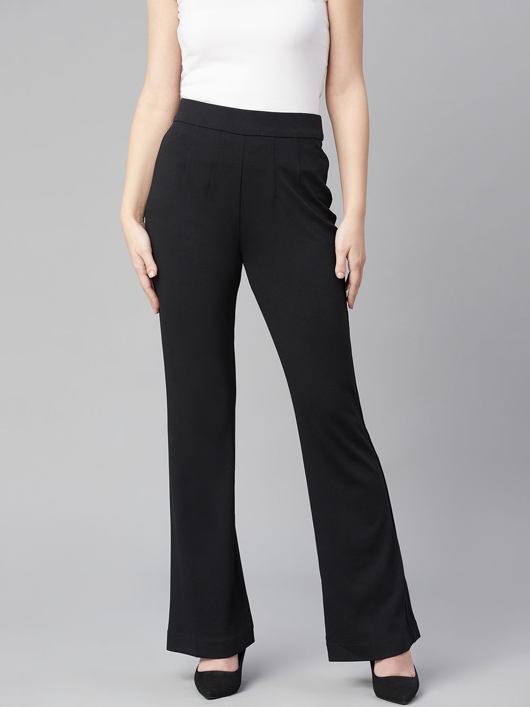 Marks & Spencer Women Black Solid Pleated Flared Trousers Price in India