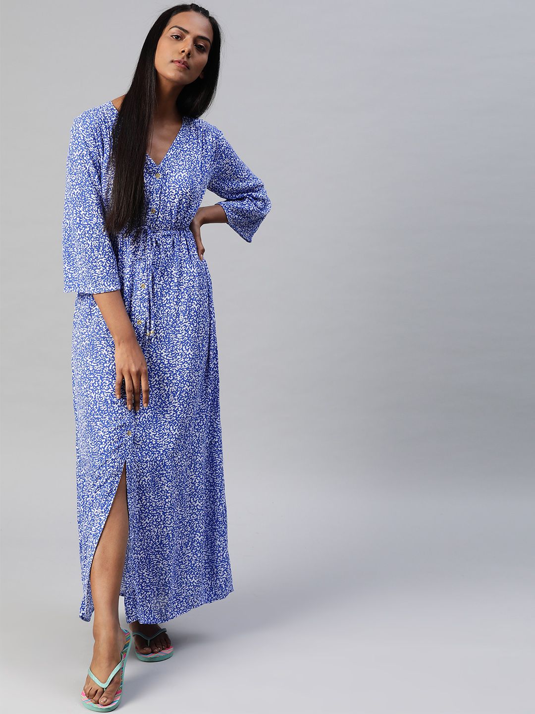 Marks & Spencer Blue & White Shirred Maxi Cover-Up Dress with Waist Tie-Up Price in India