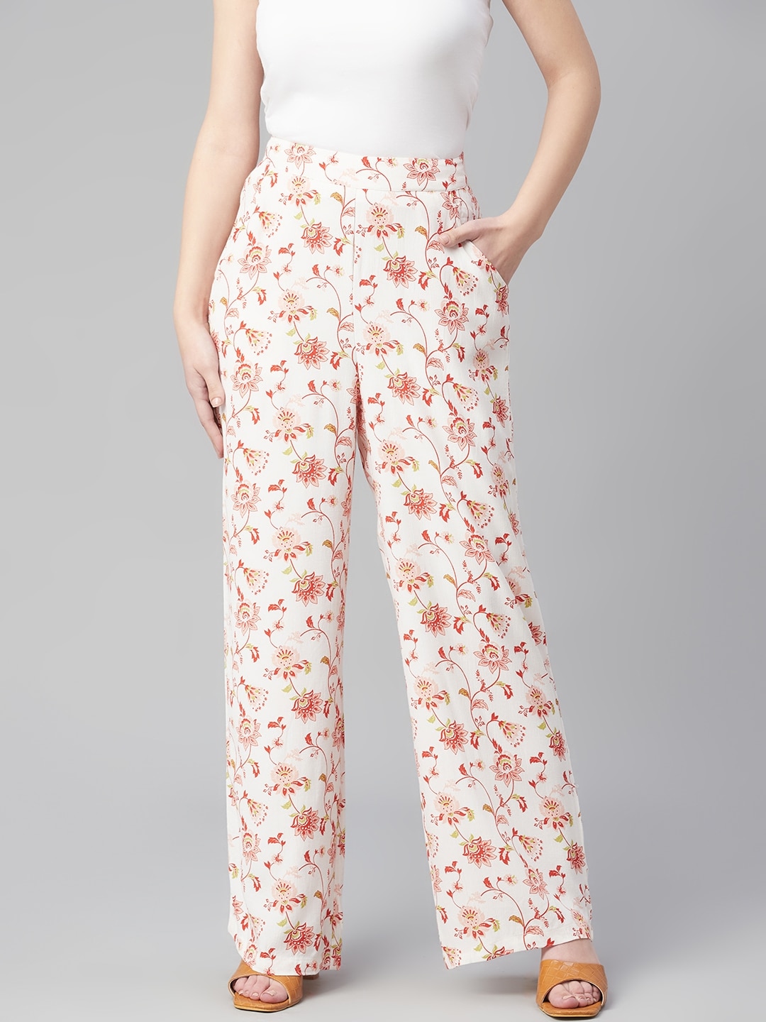 Marks & Spencer Women White & Red Ethnic Motifs Printed Parallel Trousers Price in India