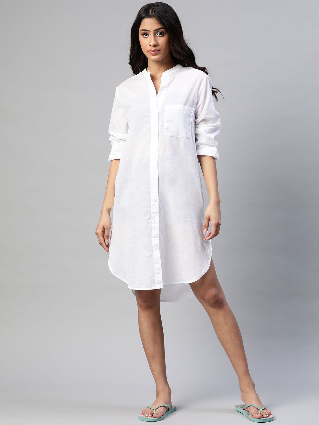 Marks & Spencer Women White Solid Pure Cotton Longline Collarless Beach Shirt Price in India