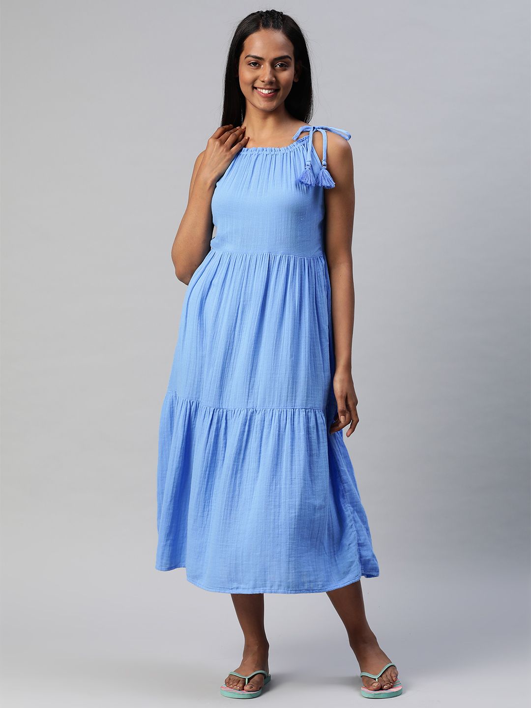 Marks & Spencer Women Blue Pure Cotton Solid A-Line Midi Cover-Up Dress Price in India