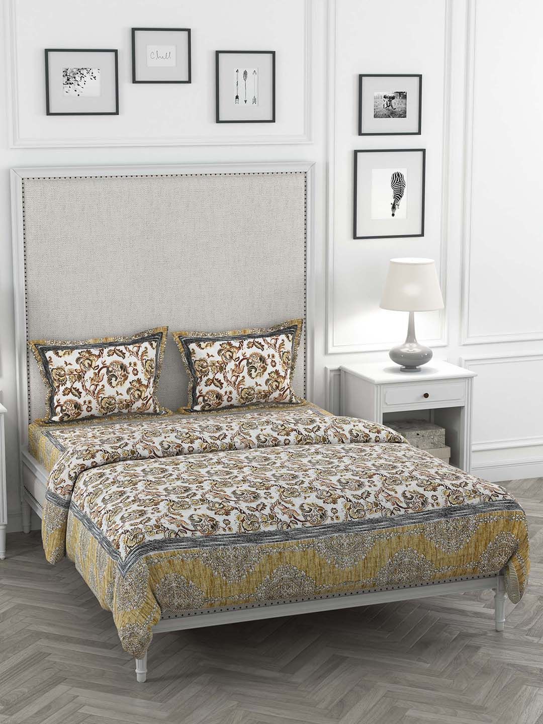 JAIPUR FABRIC Yellow & Olive Green Printed Double King Bedding Set Price in India