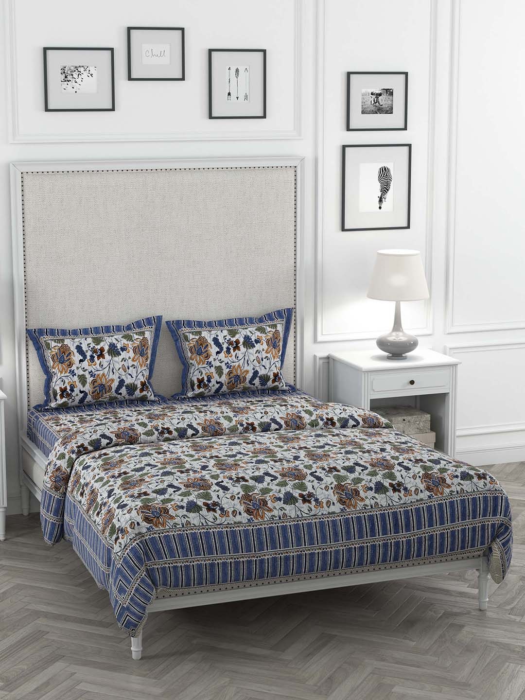 JAIPUR FABRIC Blue & White Printed Double King Bedding Set Price in India