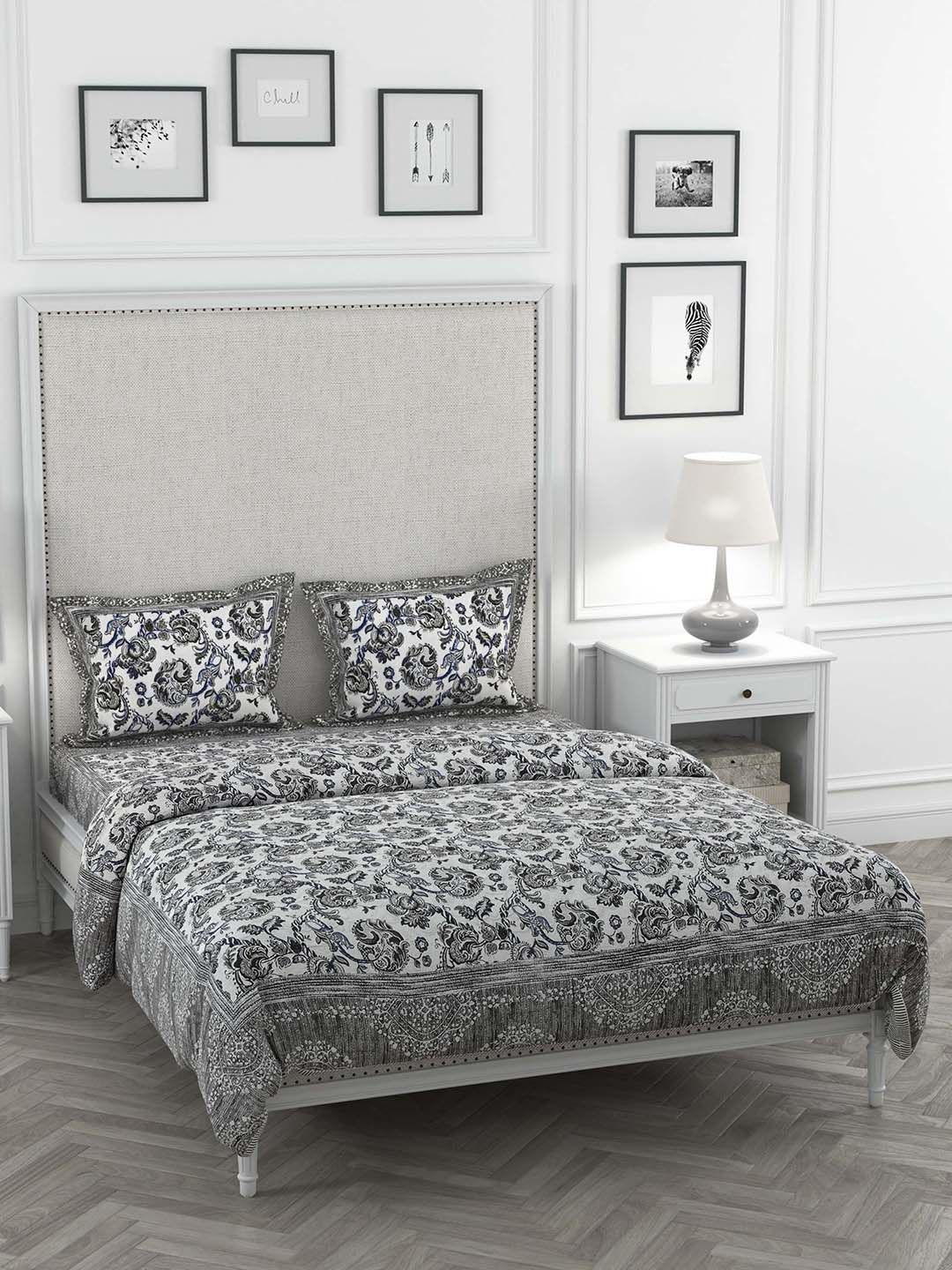 JAIPUR FABRIC Grey & White Printed Cotton Bedding Set Price in India