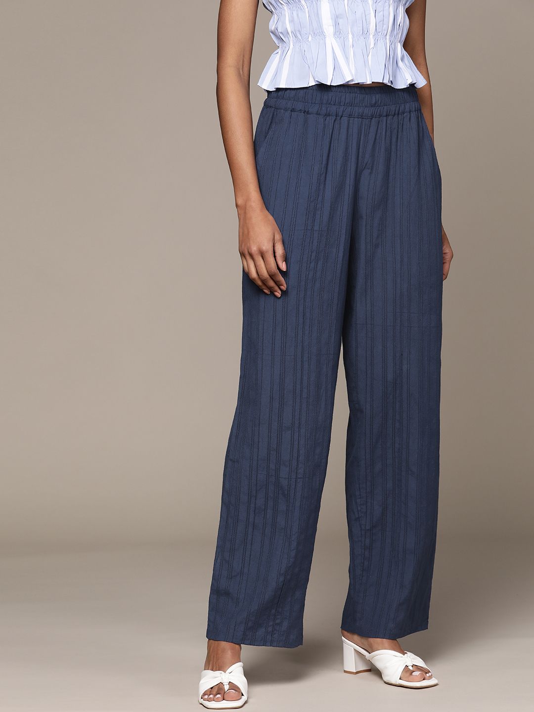 Ritu Kumar Women Navy Blue Textured Straight Palazzo