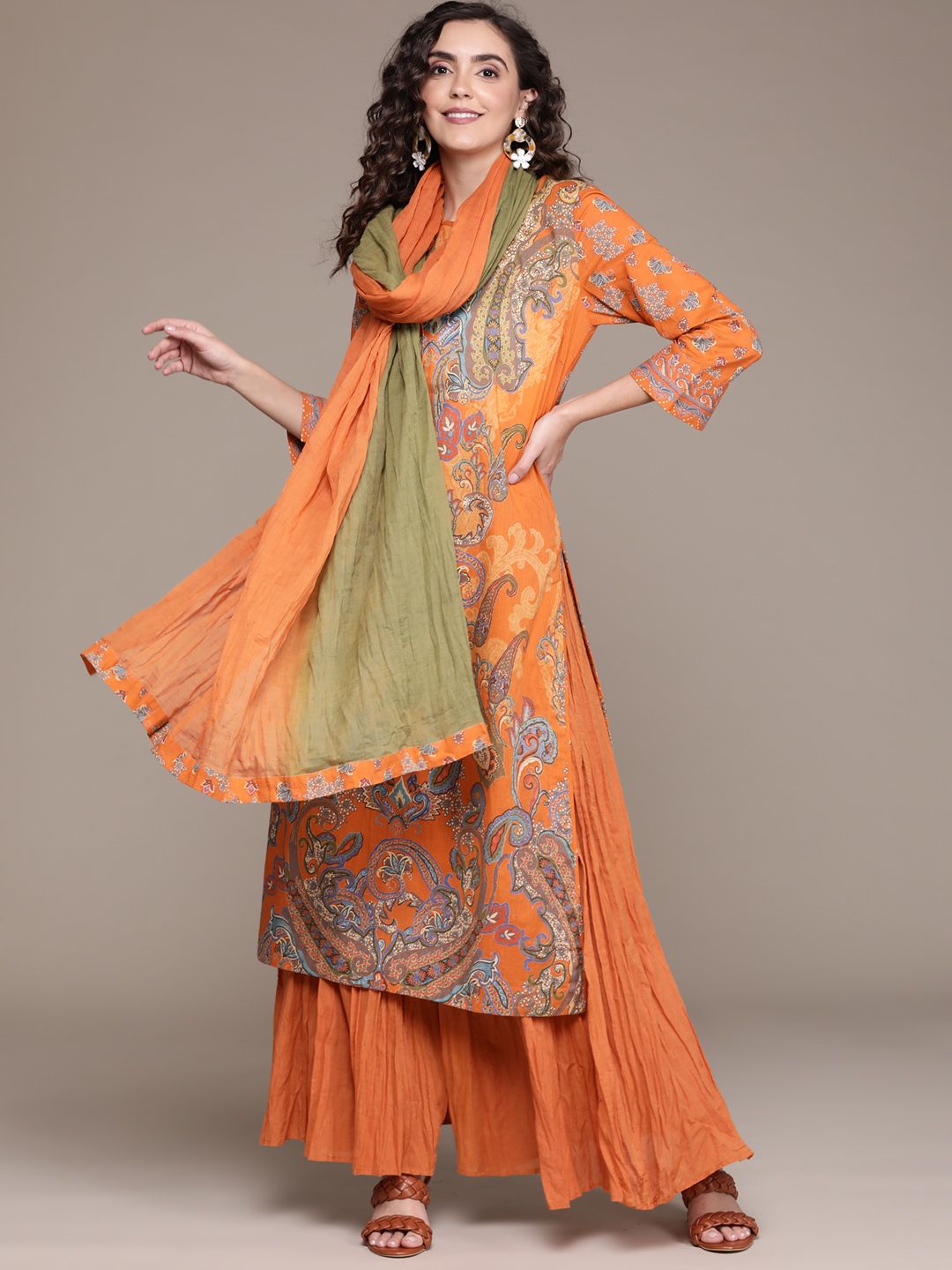 Ritu Kumar Women Rust Orange Pure Cotton Paisley Printed Kurta with Sharara & Dupatta Price in India