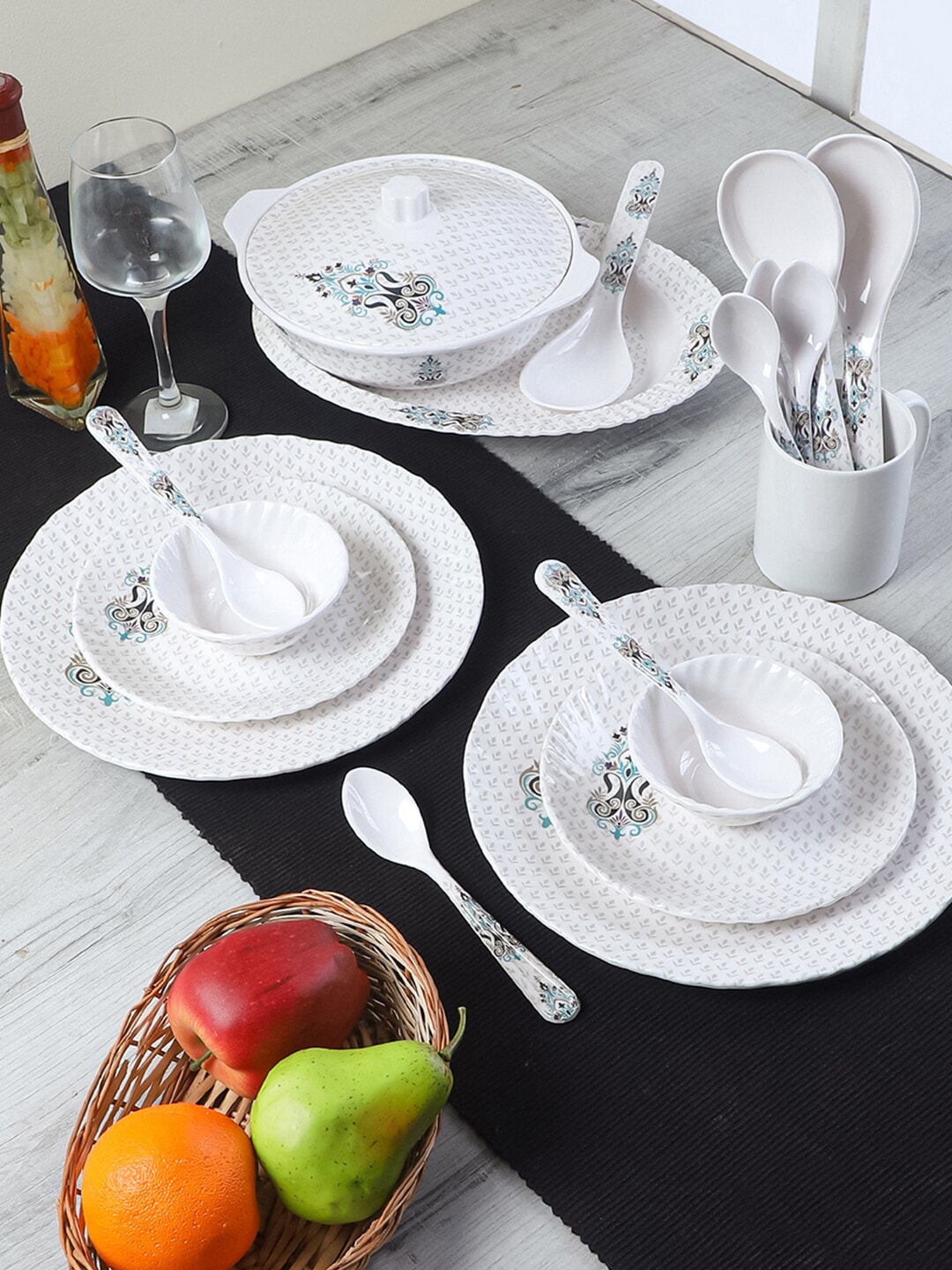 CDI White & Grey 40 Pieces Ethnic Motifs Printed Melamine Glossy Dinner Set Price in India