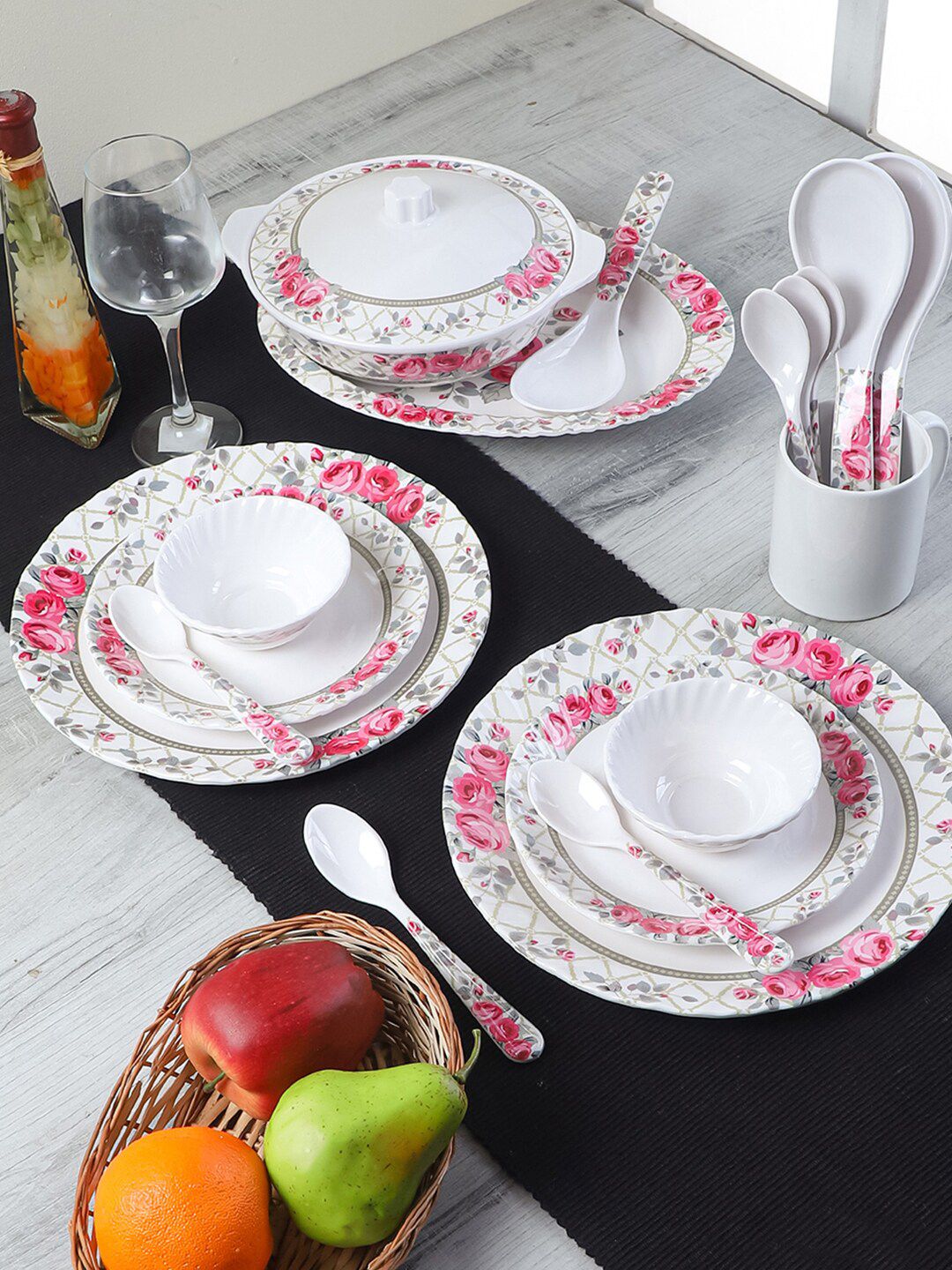 CDI White & Pink 40 Pieces Floral Printed Melamine Glossy Dinner Set Price in India