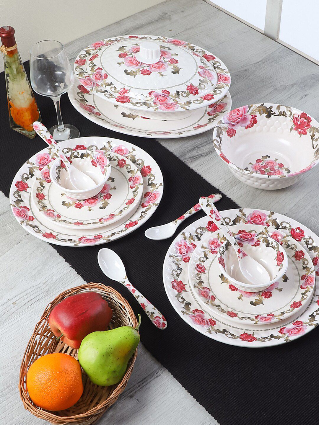 CDI White & Pink Set Of 40 Floral Printed Melamine Dinner Set Price in India