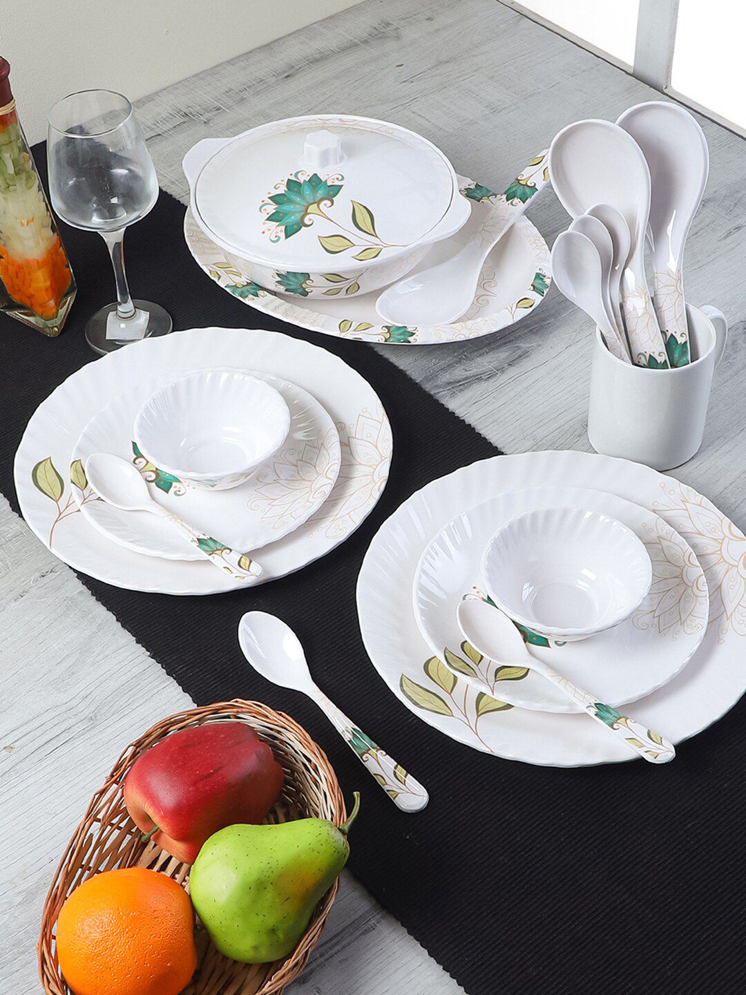 CDI White & Green 40 Pieces Floral Printed Melamine Glossy Dinner Set Price in India