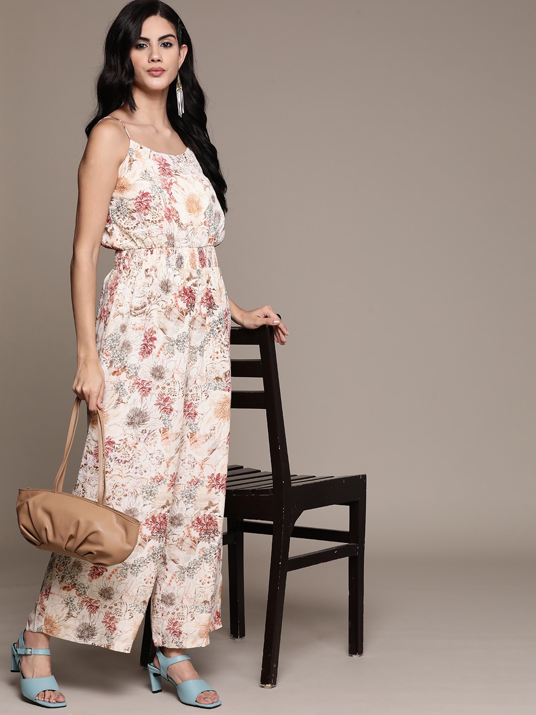Label Ritu Kumar Women Off White Shoulder Straps Neck Floral Print Smocked Basic Jumpsuit Price in India