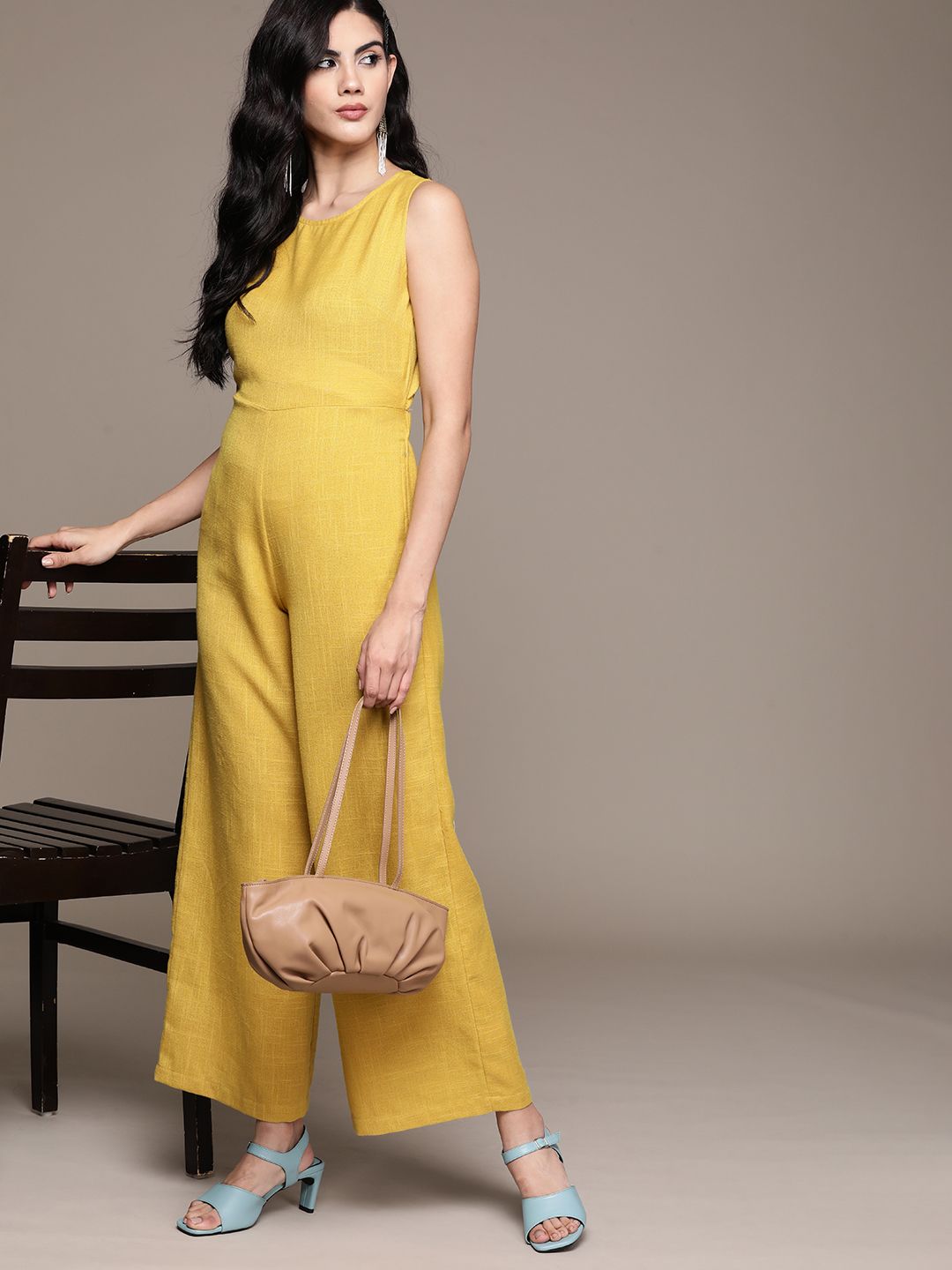 Label Ritu Kumar Women Mustard Yellow Linen Round Neck Basic Jumpsuit with Styled Back Price in India