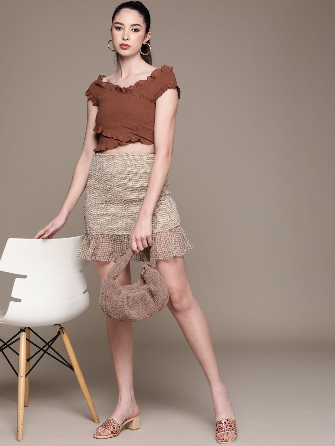 Label Ritu Kumar Beige & Green Smocked Mini Flared Pencil Skirt