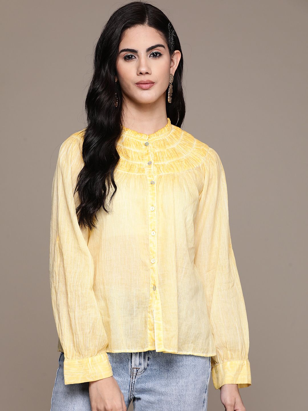 Label Ritu Kumar Yellow Dyed Ombre Round Neck Gathered Or Pleated Pure Cotton Regular Top Price in India