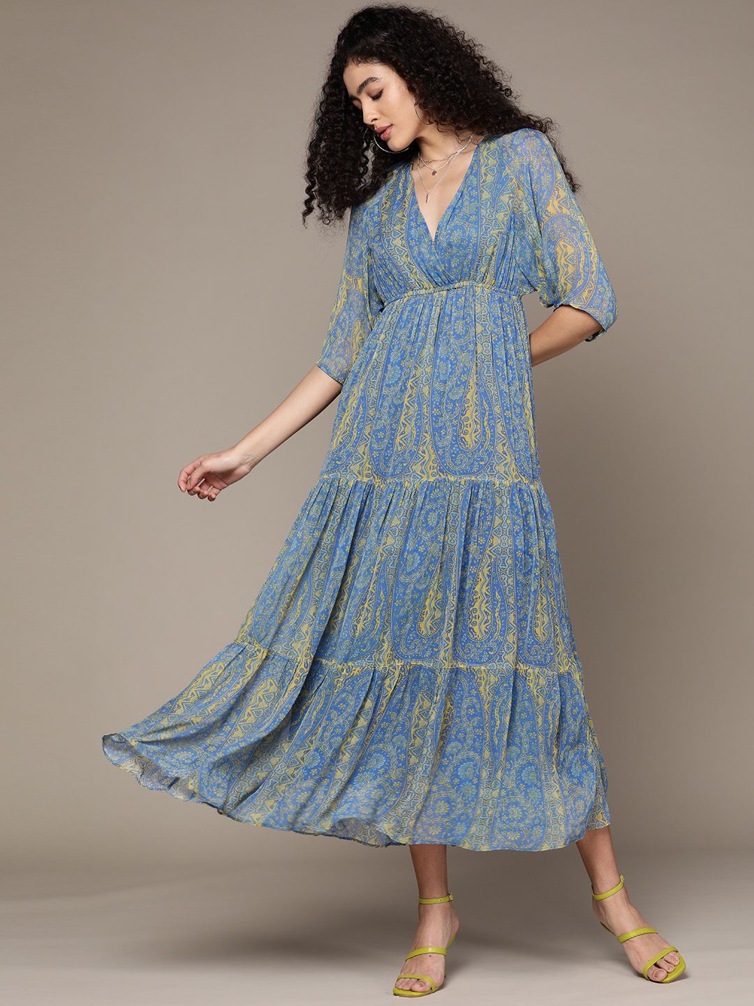 Label Ritu Kumar Blue Ethnic Motifs Georgette Midi Dress Price in India