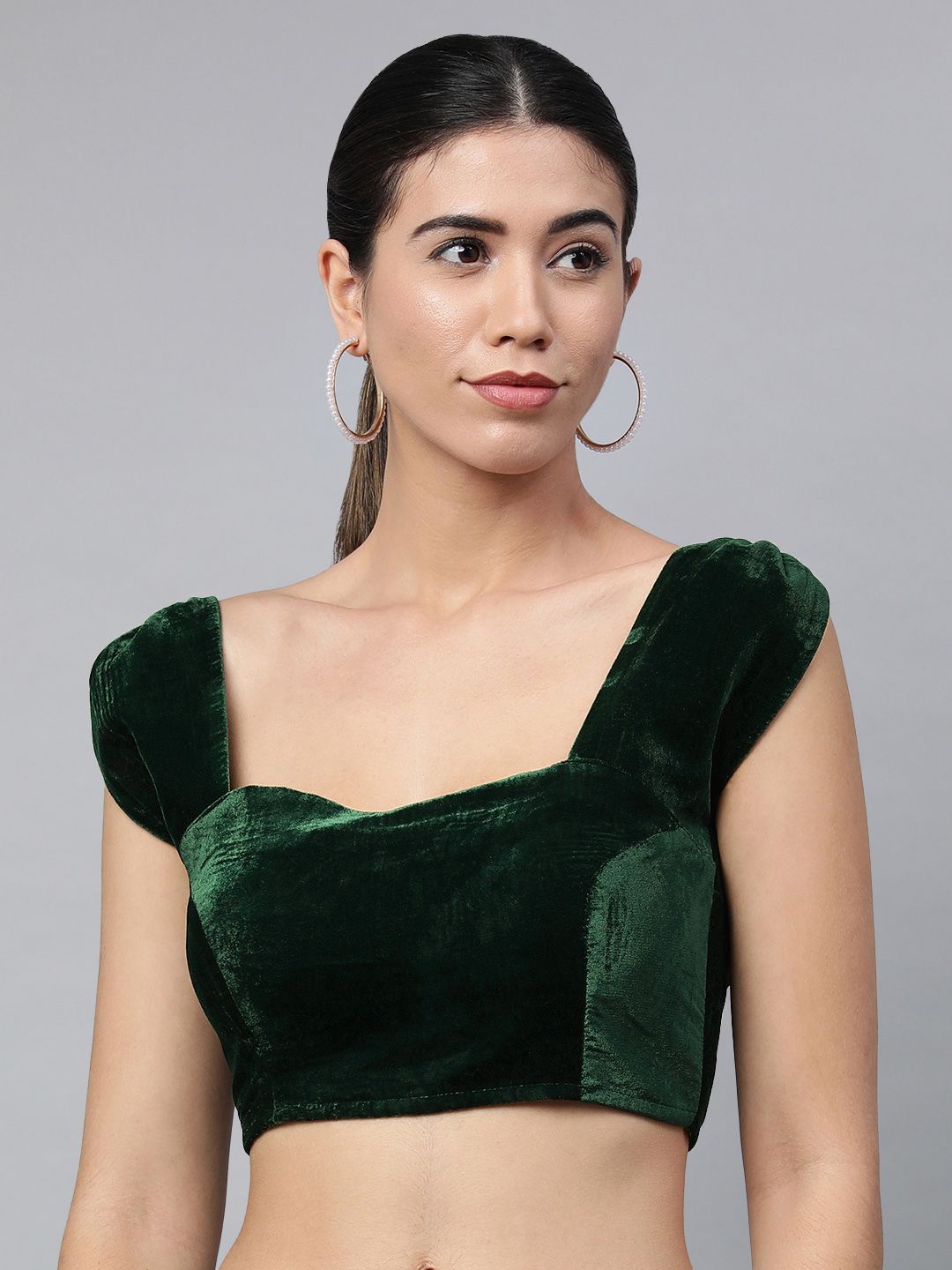 flaher Women Green Solid Velvet Backless Ready Made Padded Blouse Price in India