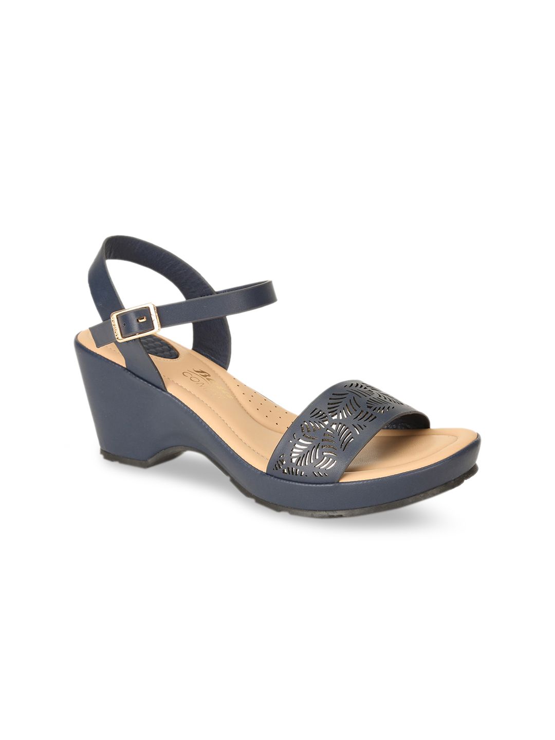 Bata Blue Textured PU Block Sandals with Laser Cuts Price in India