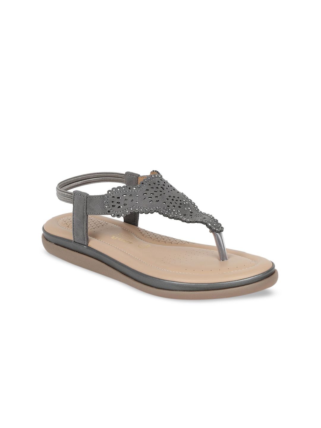 Bata Women Grey T-Strap Flats with Laser Cuts Price in India